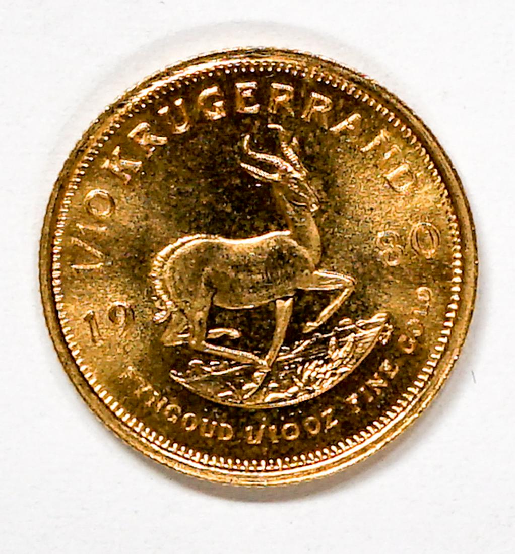 1980 1/10 South Africa Krugerrand: 1980 1/10 ounce South Africa Krugerrand. If lot is absent of a condition report one may be requested via email. Condition report is provided as an opinion only and is no guarantee as grading can be su