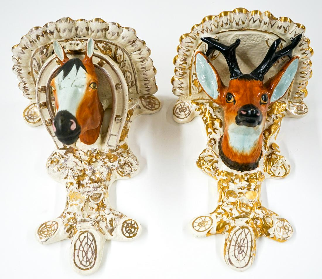 Pair of Staffordshire Wall Sconce Shelves: Pair of large Staffordshire wall sconce shelves. They measure 9.75-in. x 7.5-in. x 6-in. Very good condition with a few small chips. Horse does have some cracks where the horse connects to the back ba