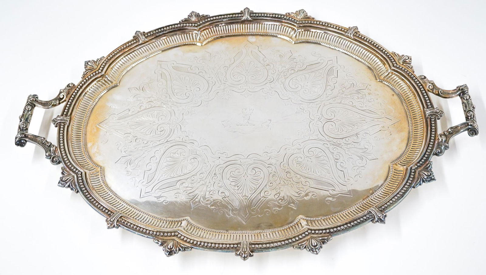 Mappin & Webb Large Silver Plate: Mappin and Webb large silver plate handled tray. Measures 29.5-in. x 20.5-in. Very good condition. If lot is absent of a condition report one may be requested via email. Condition report is provided a