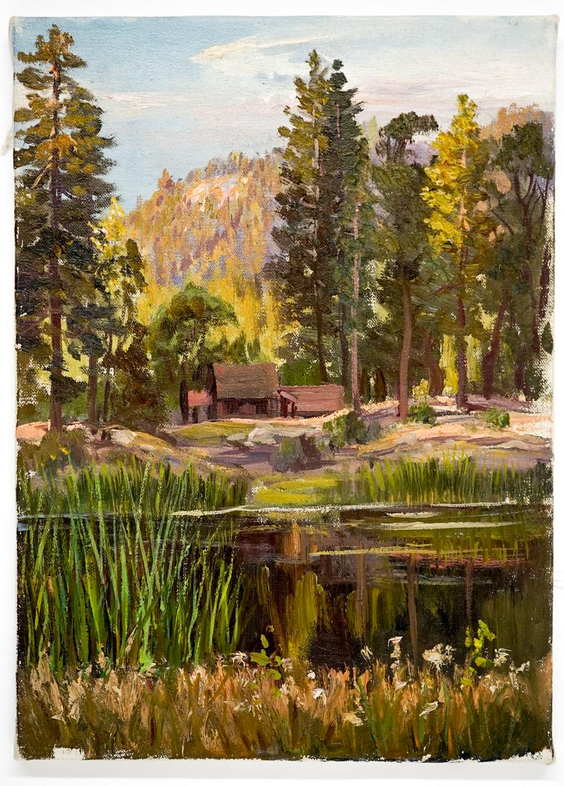 Frederick B. Kress Oil on Cloth [Castle Crags]: Frederick B. Kress (American, California, b. 1888-1970) oil on cloth. Estate stamped on verso. Titled 'Castle Crags, Shasta Co., Ca' and dated '1925' on verso. Stretched on frame. Measures 16.375 in. 