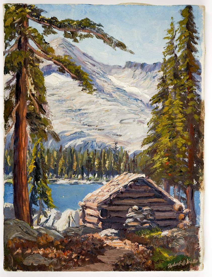 Frederick B. Kress Oil on Cloth [Mountains]: Frederick B. Kress (American, California, b. 1888-1970) oil on cloth. Signed lower right. Untitled. Stretched on frame. Measures 16 in. x 12.125 in. Provenance: Formerly the estate of artist and then 