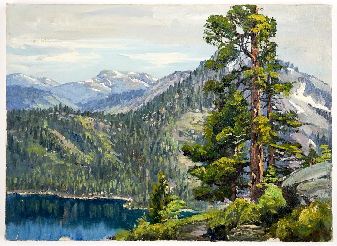 Frederick B. Kress Oil on Cloth [Fallen Leaf]: Frederick B. Kress (American, California, b. 1888-1970) oil on cloth. Unsigned. Estate stamped on verso. Titled 'View of Fallen Leaf' circa 1940-1950 on verso. Stretched on frame. Measures 11.75 in. x