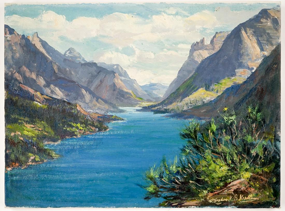 Frederick B. Kress Oil on Cloth [Waterton Lake]: Frederick B. Kress (American, California, b. 1888-1970) oil on cloth. Signed lower right and estate stamped on verso. Titled 'Waterton Lake' on verso. Stretched on frame. Measures 12 in. x 16.125 in. 