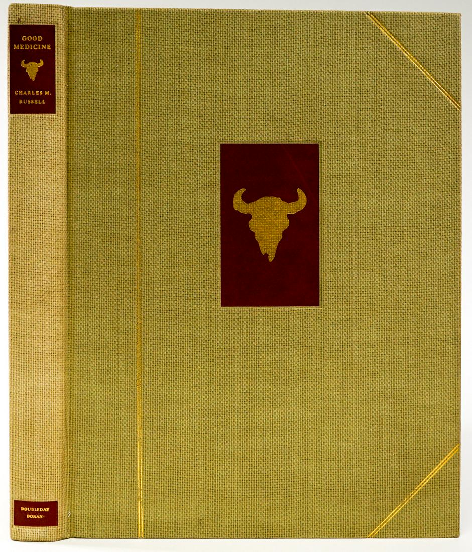 Good Medicine by Charles Russell 1930 1st: Good Medicine by Charles M. Russell with a foreword by Will Rogers. 1930 stated 'First Edition after the printing of 134 deluxe copies.' Cloth covers with gilt design and paperboard slipcase (slipcase