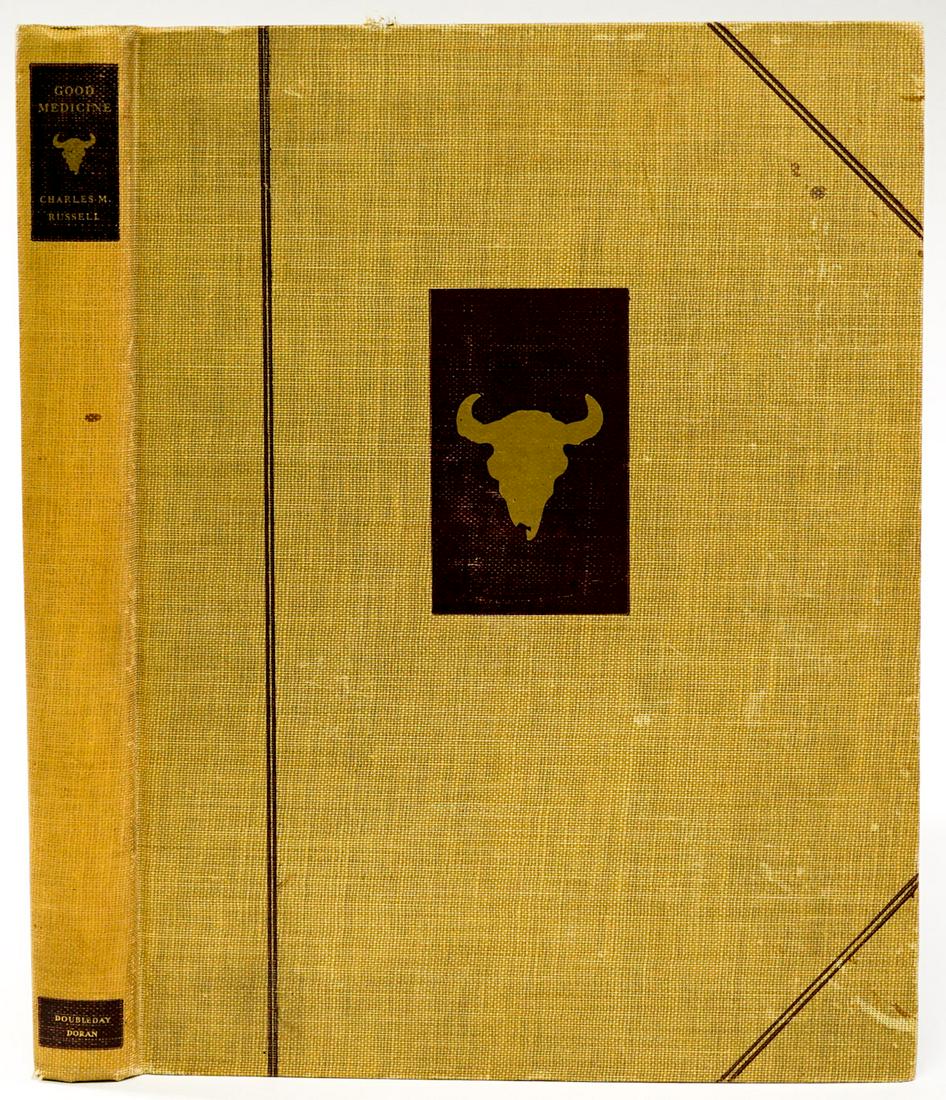 Good Medicine by Charles Russell 1930 1st: Good Medicine by Charles M. Russell with a foreword by Will Rogers. 1930 stated 'First Edition after the printing of 134 deluxe copies.' Cloth covers with gilt design. Wear to cover and front hinge cr