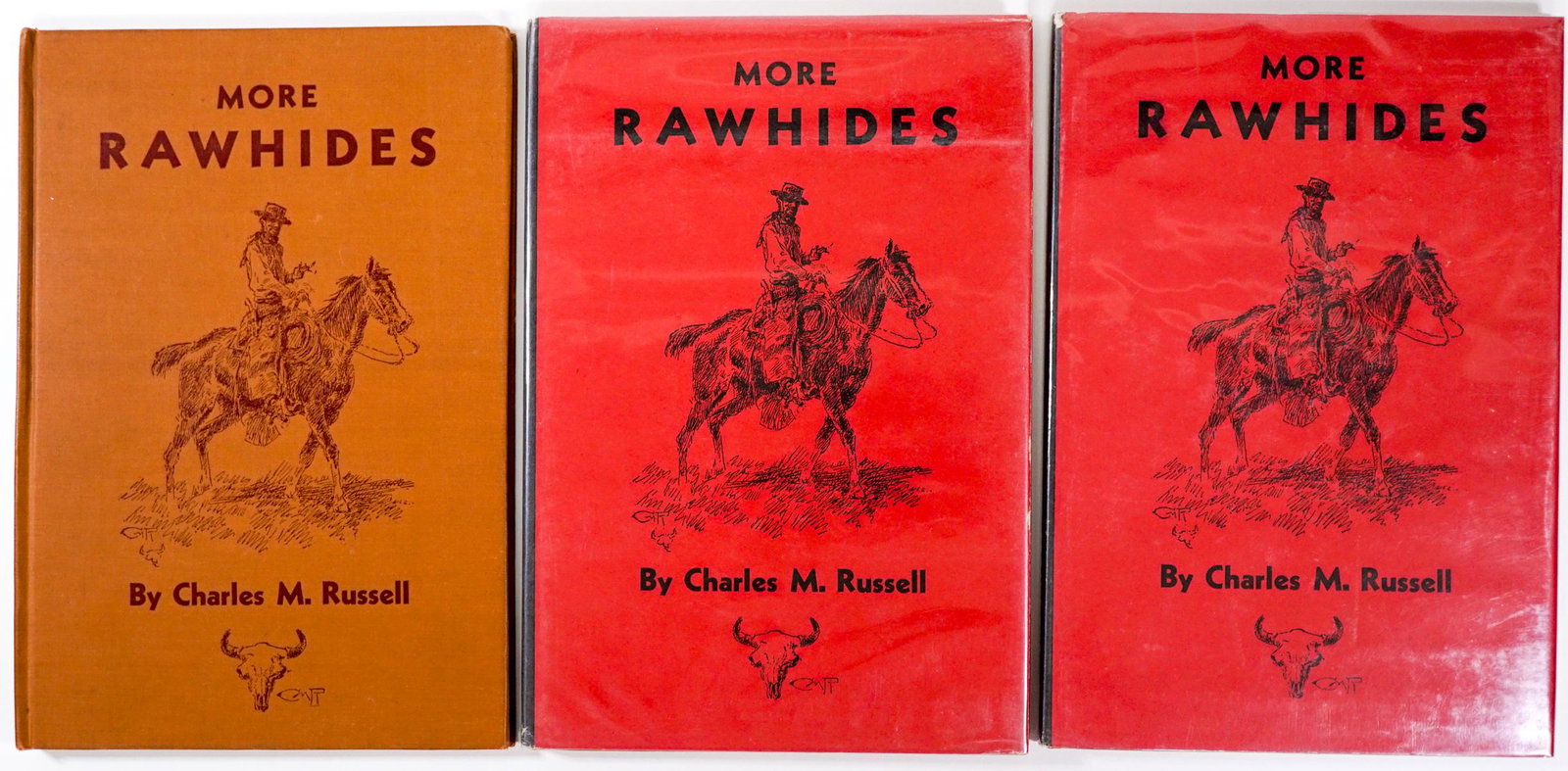 More Rawhides by Charles Russell (3) 1946: Three 1946 first revised editions of More Rawhides by Charles M. Russell. Two with dust jackets (unclipped). Trail End's Publishing Co., Pasadena, California. Owner notes or name on front endsheets of
