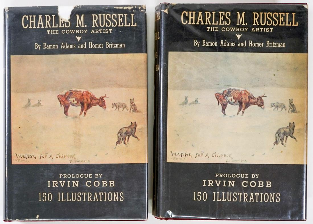 Charles M. Russell; Cowboy Artist 1st and 3rd ED: Two editions of Charles M. Russell; The Cowboy Artist by Ramon Adams and Homer Britzman. 1948 stated first edition with unclipped dust jacket (owner bookplate ff, owner notes on pp. 339, lower edge of