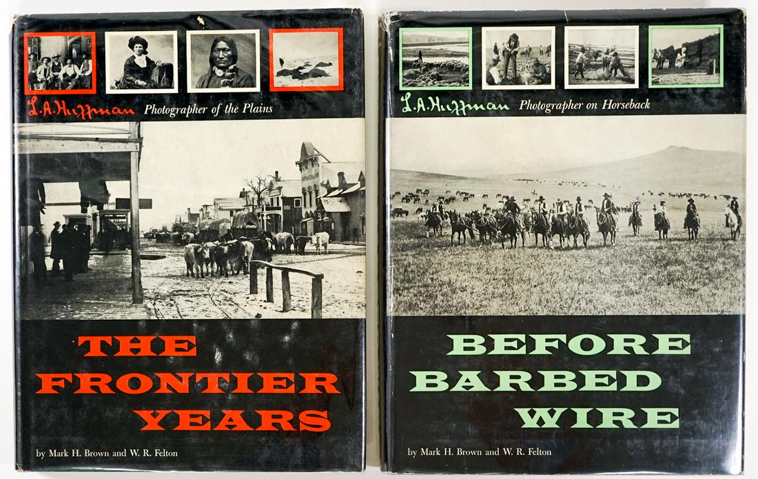 L. A. Huffman (2) Photography Books: L. A. Huffman two photography books. Includes: 1) The Frontier Years by Mark H. Brown and W. R. Felton. 1955 (D) edition with dust jacket unclipped. 272 pp. Black covers with copper lettering. Bramhal