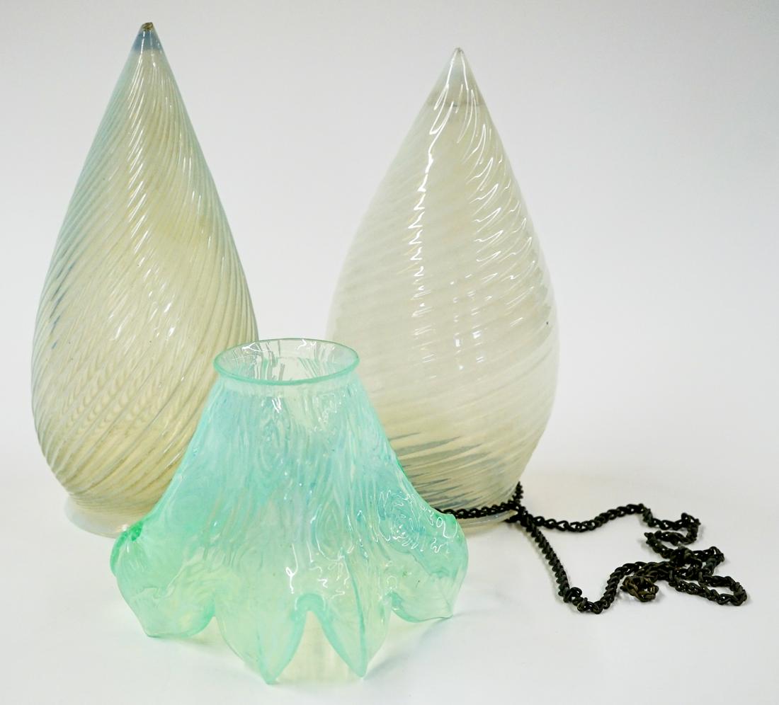 Vintage Opalescent Lamp Shades (3): Collection of three vintage glass opalescent shades. Includes: 1) Opalescent tulip shade. Measures 4.5 in. tall and 4.5 square at base. 2) Two teardrop opalescent pendant shades, one with chain. Measu