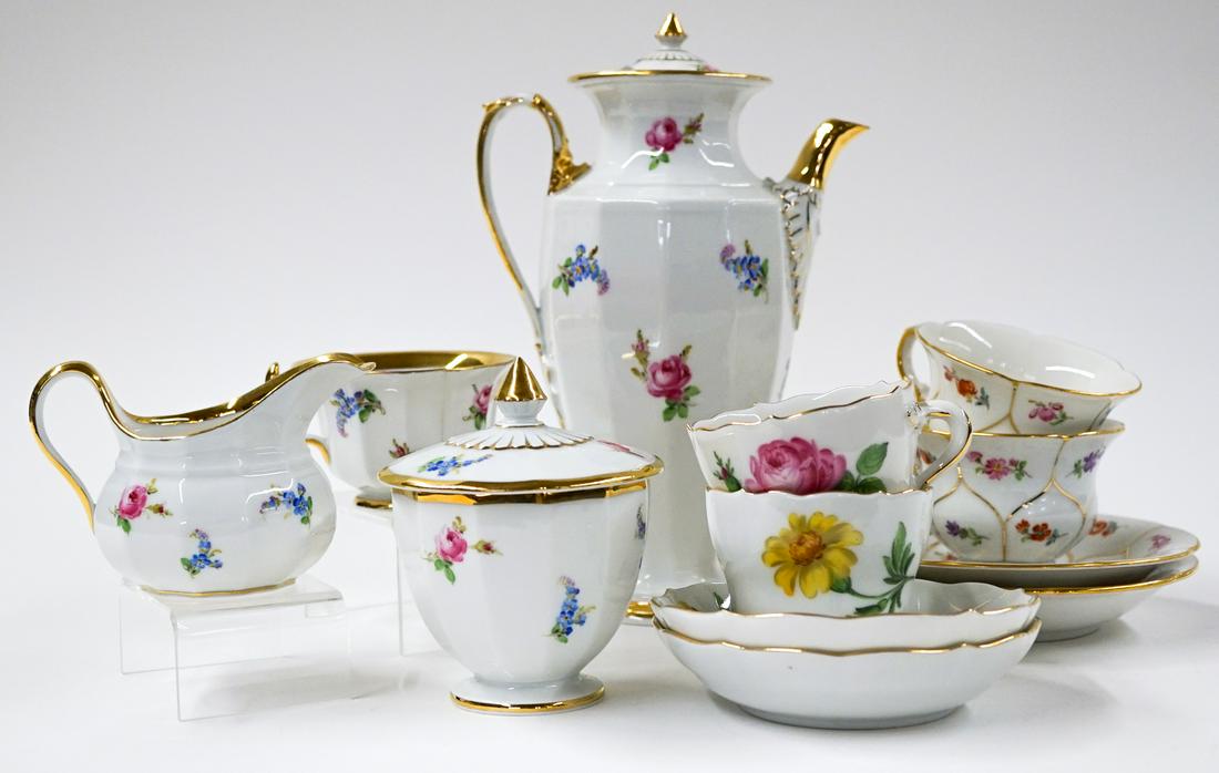 Vintage Meissen Demitasse Sets (14): Fourteen pieces (sugar lid counted as a piece) of vintage Meissen demitasse sets. Three different patterns. Includes: Pot, creamer, sugar with lid and two cups (only one is featured in photo) in one p