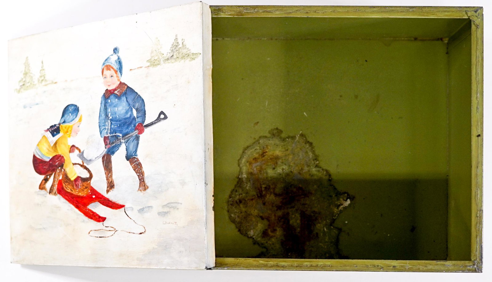 A Folk Art Painted Biscuit Tin by D. Burnette: A lovely hand painted folk art biscuit tin. Measures 9.125-in. x 8.625-in. x 5-in. Signed D. Burnette lower right. If lot is absent of a condition report one may be requested via email. Condition repo