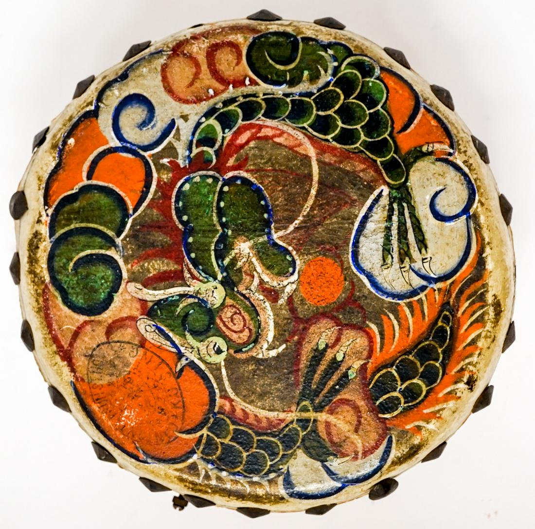 Chinese Painted Ritual Drum: Chinese Painted Ritual Drum. Measures 4 in. tall x 9 in. diameter. If lot is absent of a condition report one may be requested via email. Condition report is provided as an opinion only and is no guar