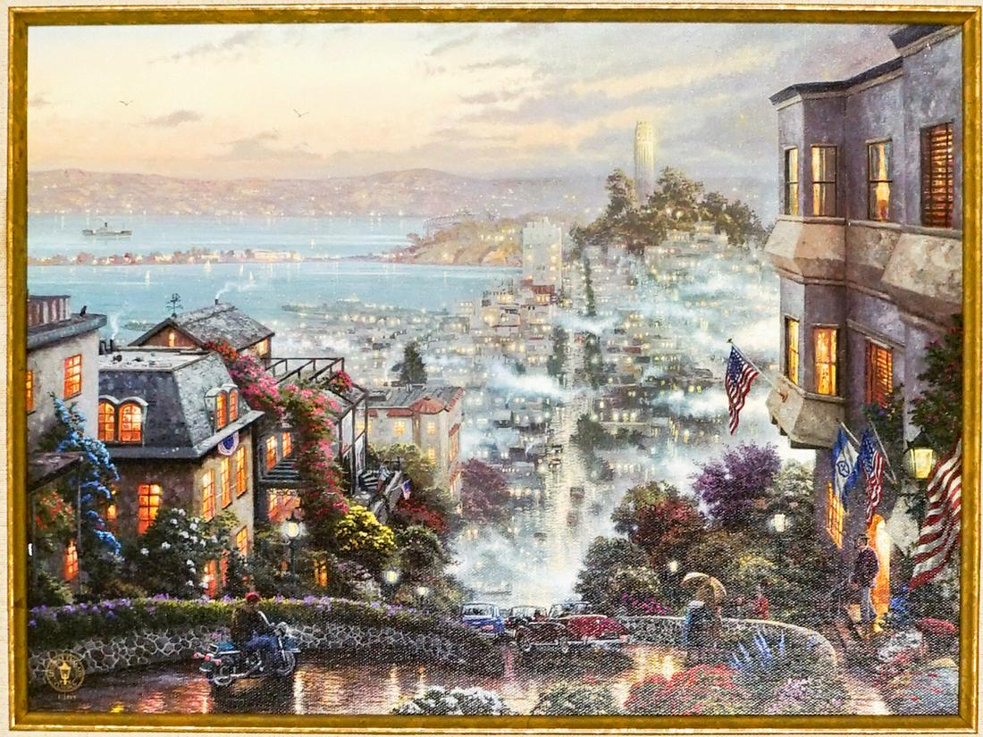 Thomas Kinkade San Francisco, Lombard Street: Thomas Kinkade San Francisco, Lombard Street. Measures 16-in. x 12-in. image size and 22-in. x 18-in. framed. Excellent condition with COA.. If lot is absent of a condition report one may be requested