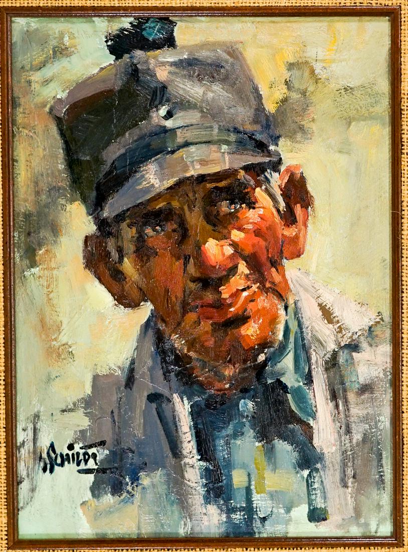 Gary Schildt Original Oil on Board: Gary Schildt (Western Artist and Blackfeet Tribal member, b. 1938) original oil on board. Signed 'G Schildt' lower left. Portrait of man. Framed. Sight size measures 11.5 in. x 8.5 in.; board measures