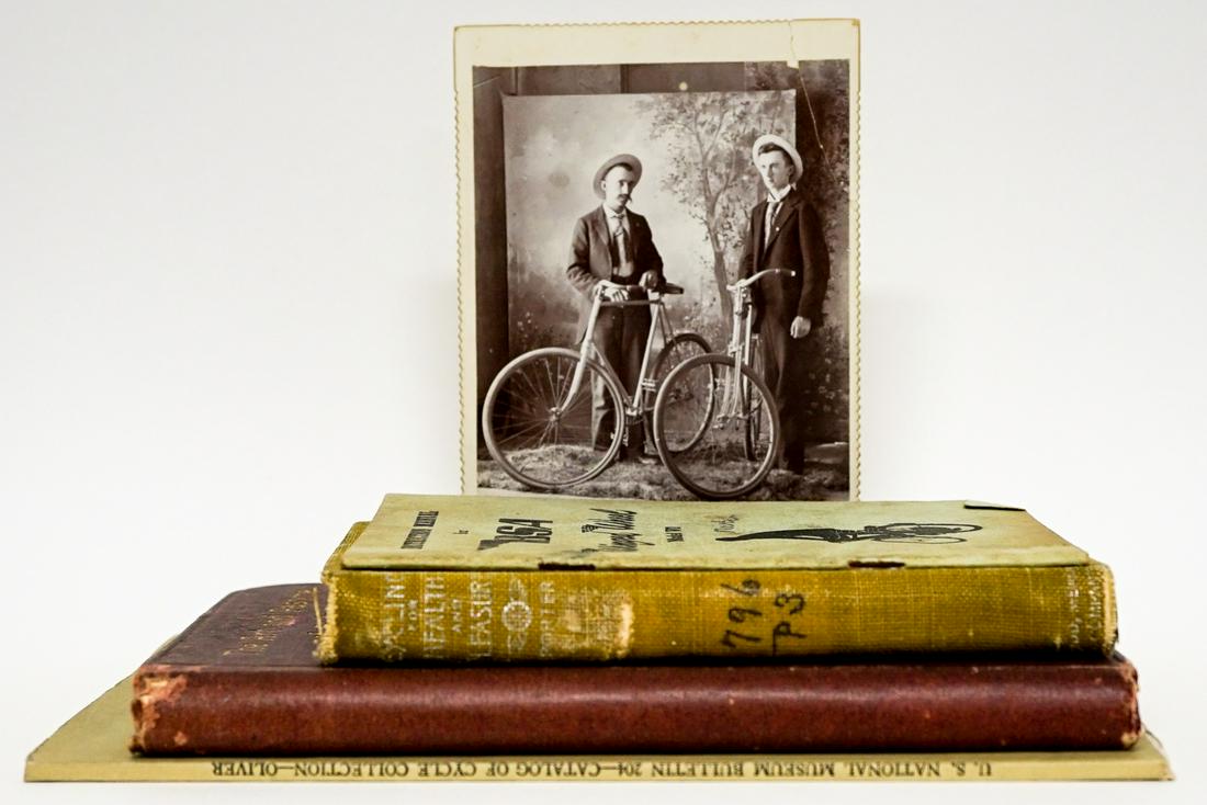Cycling Memorabilia (5) Books and Photo: Collection of five vintage and antique books and photo of cycling. Includes: 1) The Art and Pastime of Cycling by Wilson. Undated, third edition. 2) Cycling for Health and Pleasure. 1895, ex-library. 