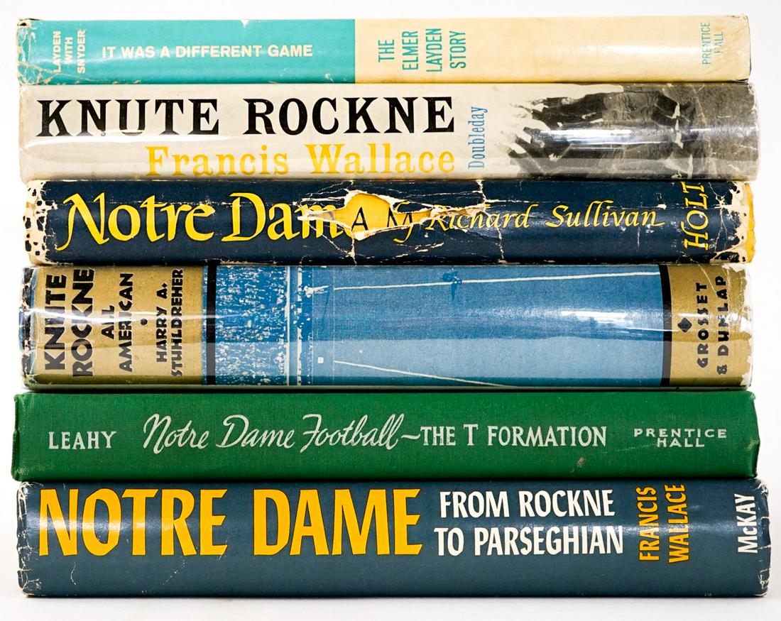 Notre Dame, Knute Rockne Football Books (6): Notre Dame, The Four Horsemen, Knute Rockne vintage football books, five with dust jackets. Includes It Was A Different Game, The Elmer Layden Story signed by Elmer Layden, 1969 (no printing states), 