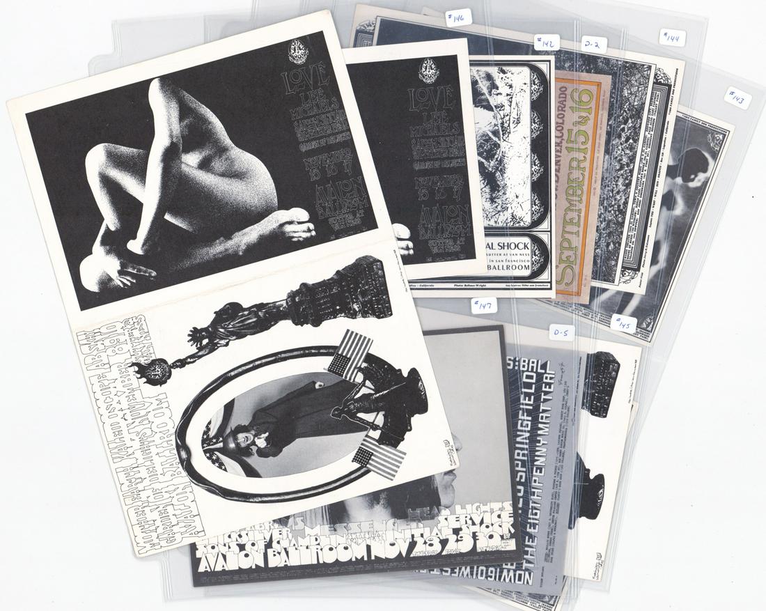 Family Dog Original Postcards (10): Family Dog vintage, original postcards (10). Includes D2, D5, 145 Double Mailer, 142, 143 (2) and 144-147. EX/EX+ and EX+/NrMt condition. Excellent condition, two small pinholes top center. If lot is 