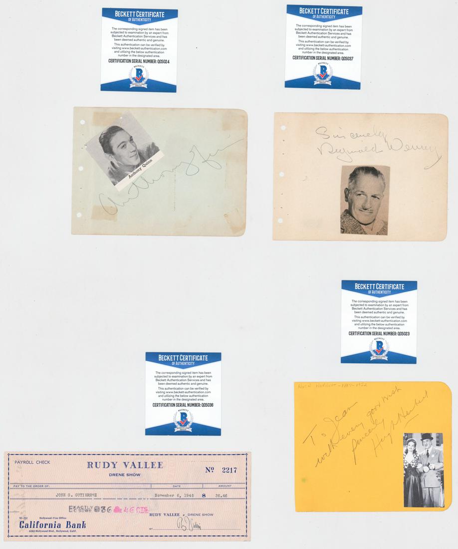 Rudy Vallee, Anthony Quinn, Reginald Denny: Rudy Vallee signed check, Reginald Denny, Hugh Herbert and Anthony Quinn album pages. All includes COA from BAS. If lot is absent of a condition report one may be requested via email. Condition report