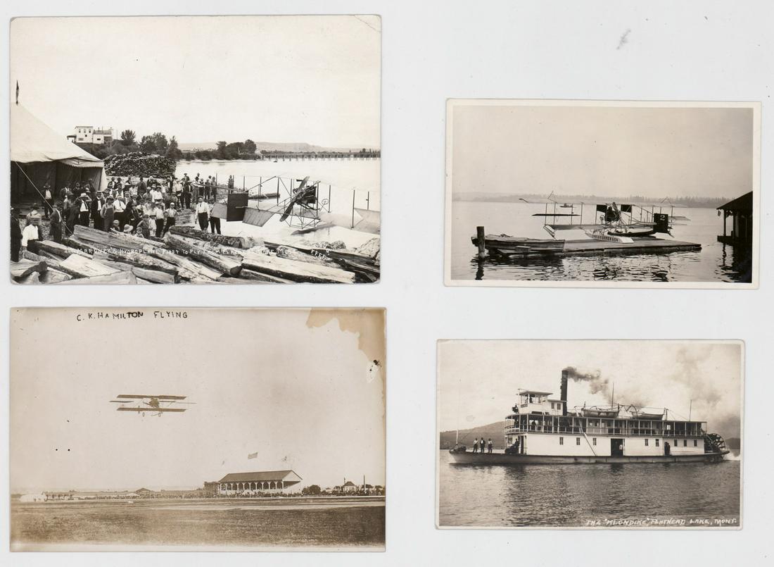 [Montana, Aviation] Photos and Postcards: [Montana, Aviation] Real photo postcards and small photographs. Flathead Lake, C.K. Hamilton flying, Maroney's Hydroplane on Flathead Lake. If lot is absent of a condition report one may be requested 