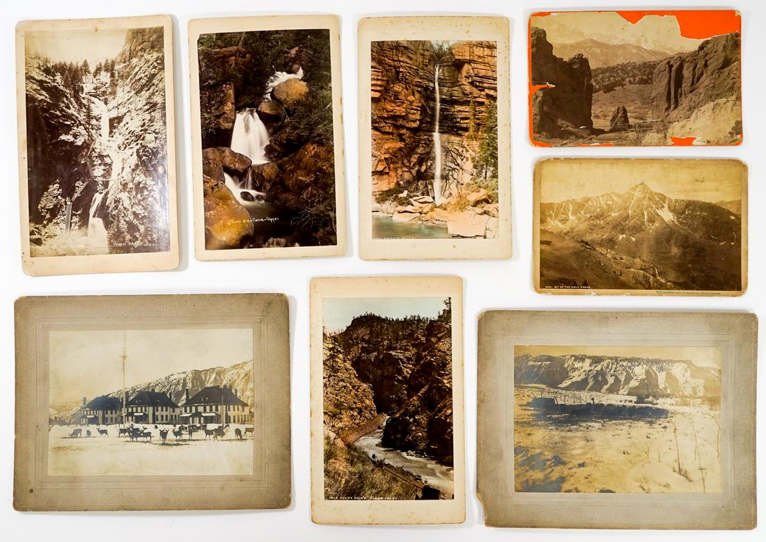 Geo. Nevins, W.H. Jackson, Yellowstone: A group of Western American photographs by George Nevins, W.H. Jackson (1) and Yellowstone in various sizes and condition (8). If lot is absent of a condition report one may be requested via email. Co