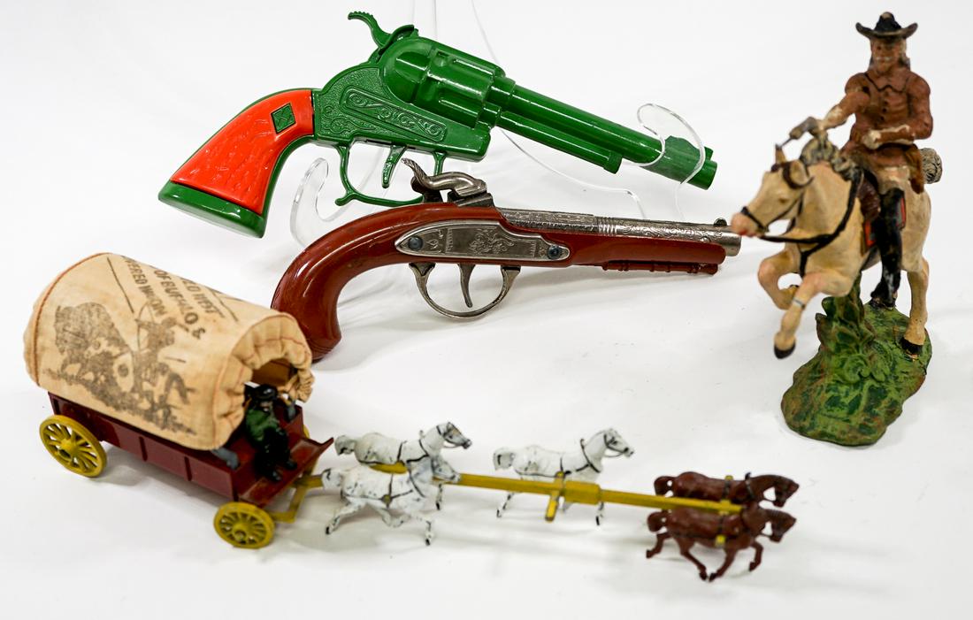 Buffalo Bill and Other Related Toys: Collection of Buffalo Bill and other related toys. Note Buffalo Bill's arm and boot is broken off and this figure on horse measures 6 in. tall. If lot is absent of a condition report one may be reques