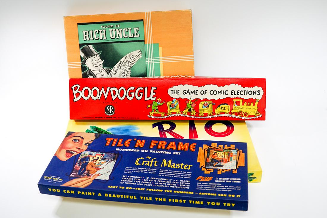 Vintage Board Games (4) Boondoggle and More: Collection of four vintage board games. EX+/Nr Mint. Includes: Boondoggle; Rich Uncle; The Game of Rio; and Tile 'n Frame. Measure as group 22 in. x 12.5 in. x 7 in. high. If lot is absent of a condit