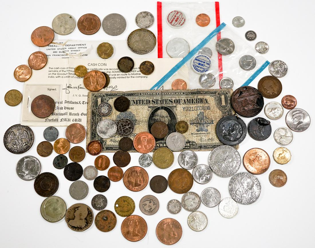 Assorted Coins and Silver Certificate (80): Over eighty assorted (U. S. and foreign) coins and one silver certificate. If lot is absent of a condition report one may be requested via email. Condition report is provided as an opinion only and is