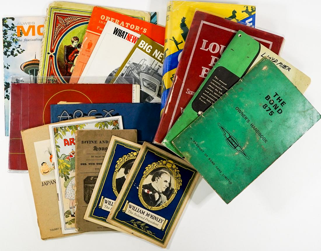 Ephemera and Books (16) Toys and More: Collection of sixteen ephemera and books of toys, transportation and more. Includes a variety of softcover manuals. Group measures 11 in. x 8 in. x 3.5 in. If lot is absent of a condition report one m
