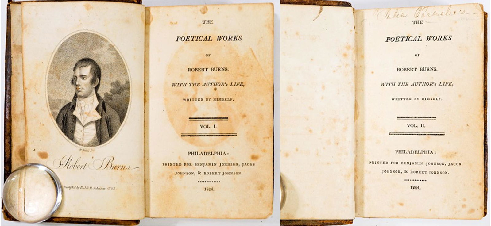 Poetical Works Robert Burns (2 Vol Set) 1804: The Poetical Works of Robert Burns. 1804, two volume set. Benjamin Johnson, Jacob Johnson and Robert Johnson, Philadelphia. 216 pp. plus 229 pp. Volume I with frontispiece portrait. Leatherbound. Marb
