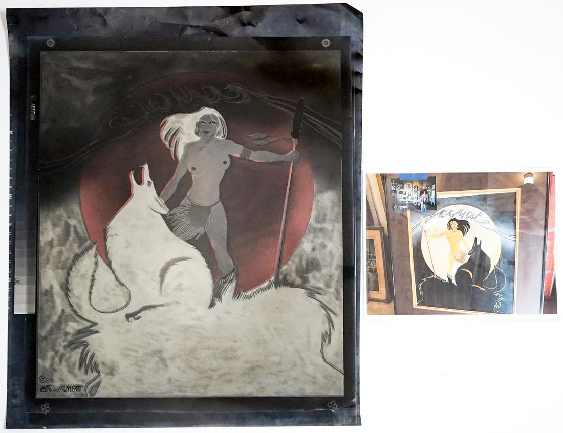 Trina Robbins Poster Negatives for Artwork: [Women's Movement, Prostitution] From the Margo St. James collection, poster negative for Coyote Bear Breasted Woman and Coyote by Trina Robbins. Four sheets for four color print measuring 22-in. x 20