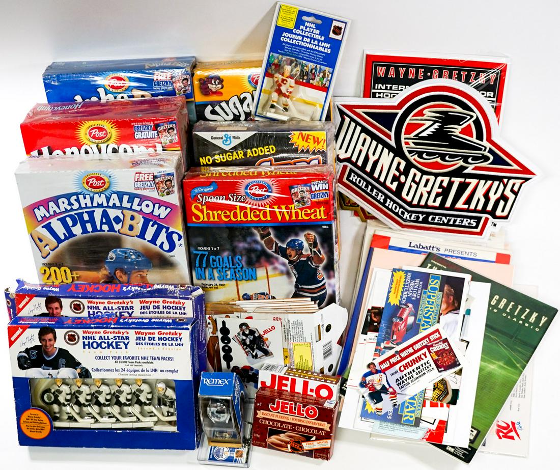 Wane Gretzky Hockey Memorabilia: Large trove of Wayne Gretzky hockey memorabilia. Post cereal boxes only. Measure in two 15.5 in. x 12 in. x 10 in. boxes. If lot is absent of a condition report one may be requested via email. Conditi