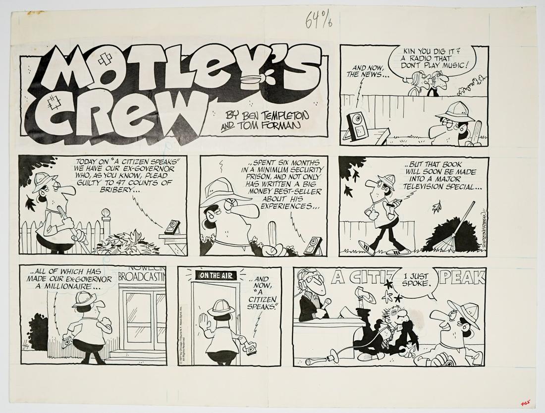 Ben Templeton Motley's Crew Sunday Comic Strip: Ben Templeton and Tom Forman Motley's Crew Sunday Comic Strip Original Art dated 11-27-77 (Chicago Tribune-N. Y. News Syndicate, 1977). Measures 17.625-in. x 23.125-in. sheet size. In VG+/EX condition