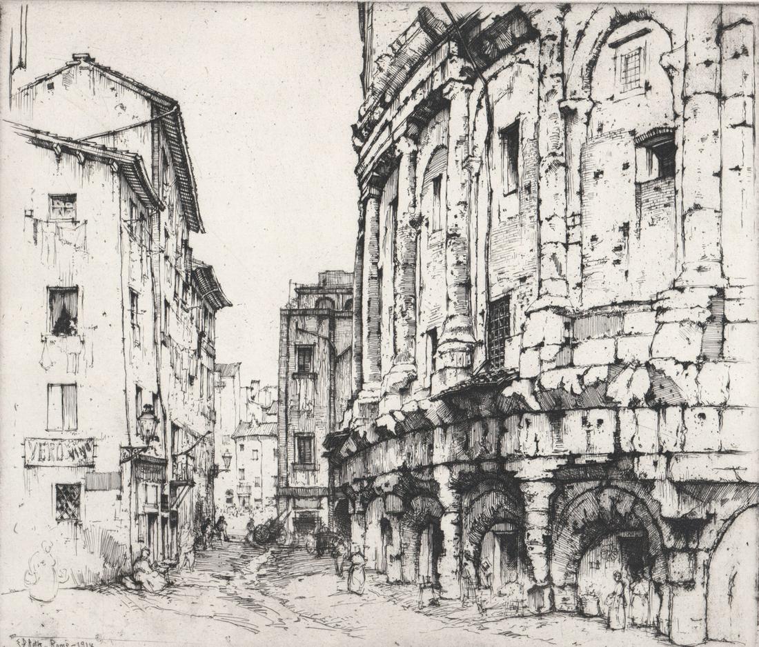 Ernest David Roth Etching [Theater Marcellus]: Ernest David Roth (New York 1879-1964) pencil signed etching of the 'Theater of Marcellus, Rome'. Signed in pencil 'Ernest D. Roth 1916' lower center. Image measures 11.125 in. x 13 in. and sheet meas