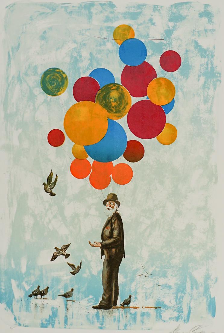 Cooper Color Lithograph AP Signed [Balloons, Man]: Wayne Cooper color lithograph pencil signed lower right and 'AP' lower left. N++. Sheet measures 26 in. x 18.125 in. Unframed, loose and not glued or mounted. If lot is absent of a condition report on