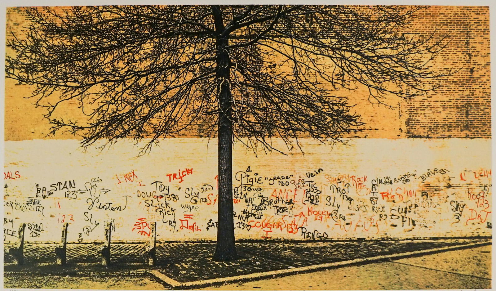 Jon Naar Color Lithograph #100/350 [St. Graffiti]: Jon Naar (20th Century) color lithograph pencil signed 'John Naar' lower right and numbered '100/350' lower left. Image measures 14 in. x 2 in. and sheet measures 19.125 in. x 28.125 in. Unframed, loo