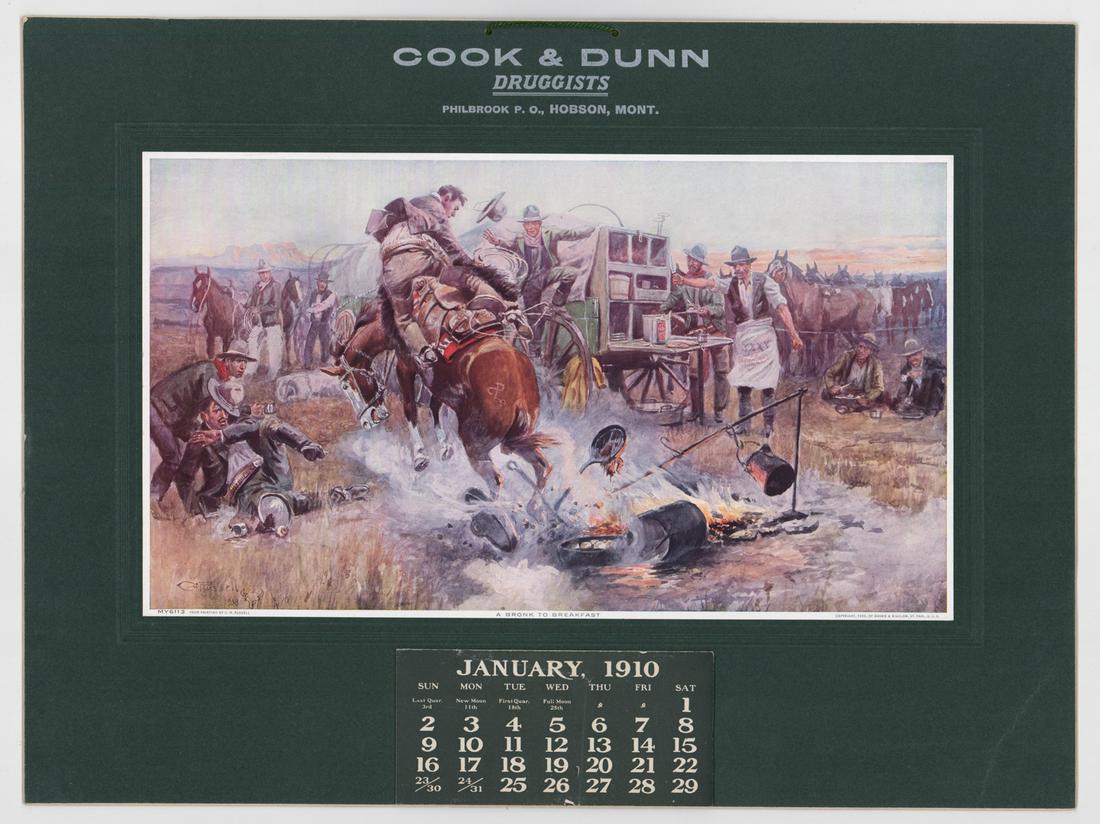 Charles Russell Cook & Dunn Druggist [Advertising]: Charles Russell original 1910 advertising calendar on artists board or mat board from Cook & Dunn Druggists, Philbrook P.O., Hobson, Montana. Measures 14.75-in. x 19.75-in. Print is mounted to the boa