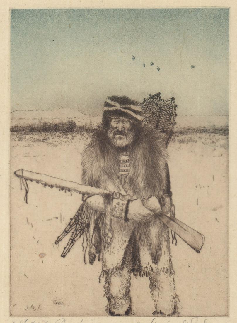 Michael Coleman Etching [Trapper, Woodsman]: Michael Coleman (Utah, b.1946) aquatint etching on paper (title of work unknown) signed Michael Coleman lower right , labeled "artist proof" lower left. Print mounted to top of mat measuring 17.625-in