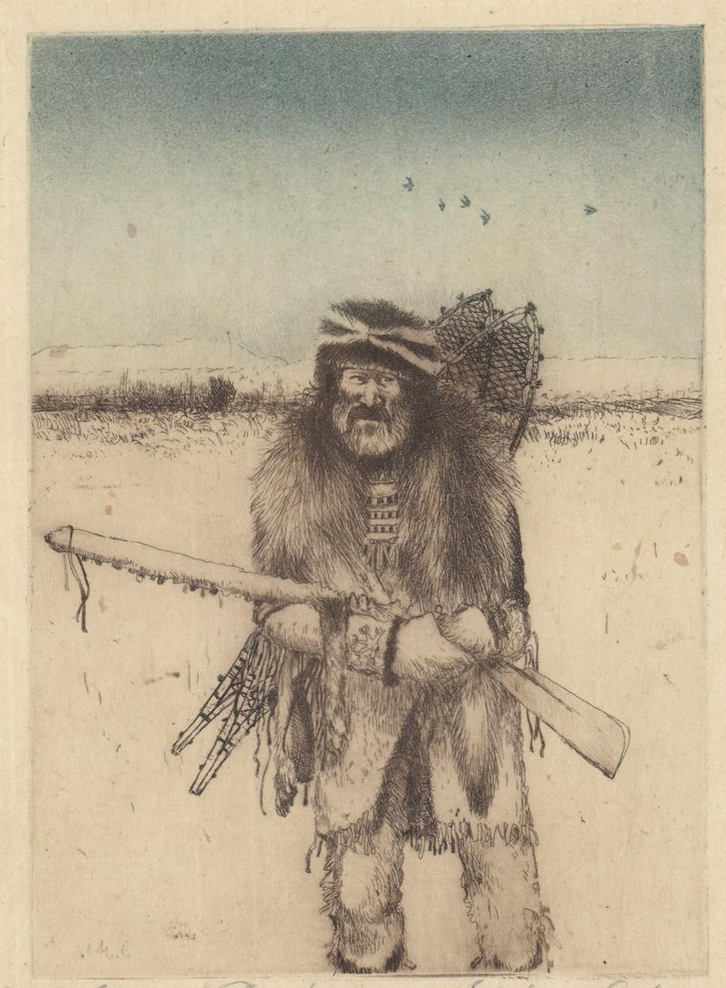 Michael Coleman Etching [Trapper, Woodsman]: Michael Coleman (Utah, b.1946) aquatint etching on paper (title of work unknown) signed Michael Coleman lower right , labeled "artist proof" lower left. Print measures 17.25-in x 15.5-in, image 9-in.