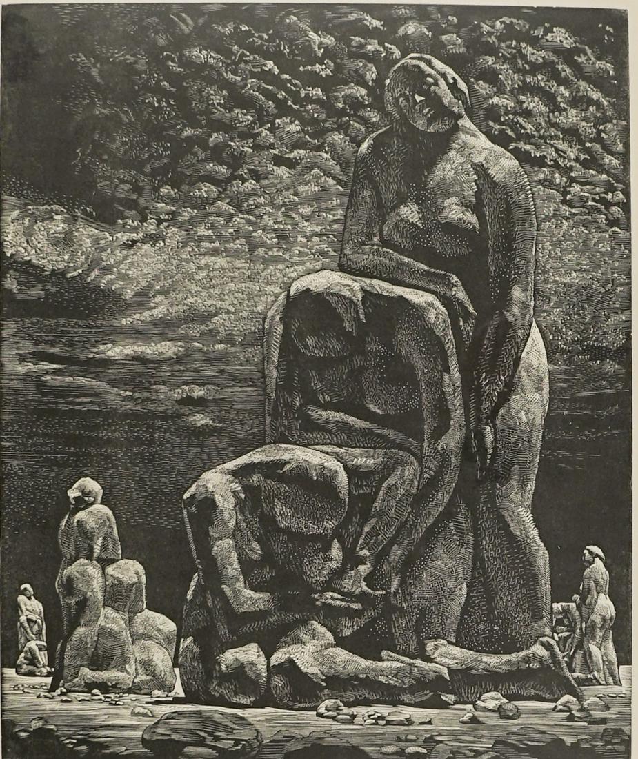 Victor Delhez Wood Engraving Signed: Victor Delhez (Belgian, Argentina 1902-1985) wood engraving pencil signed lower right. Image measures 13.5 in. x 13 in. and sheet measures 19.75 in. x 15 in. Hinge mounted upper edge corners in a gall