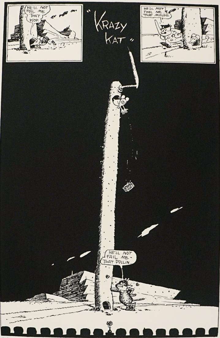Herriman 'Krazy Kat' Commemorative Lithograph: George Herriman 'Krazy Kat' commemorative lithograph numbered in pencil 'XV / XXV' lower left. King Features, Archives Fine Art with blindstamp lower right. Image measures 24.625 in. x 16 in. and shee