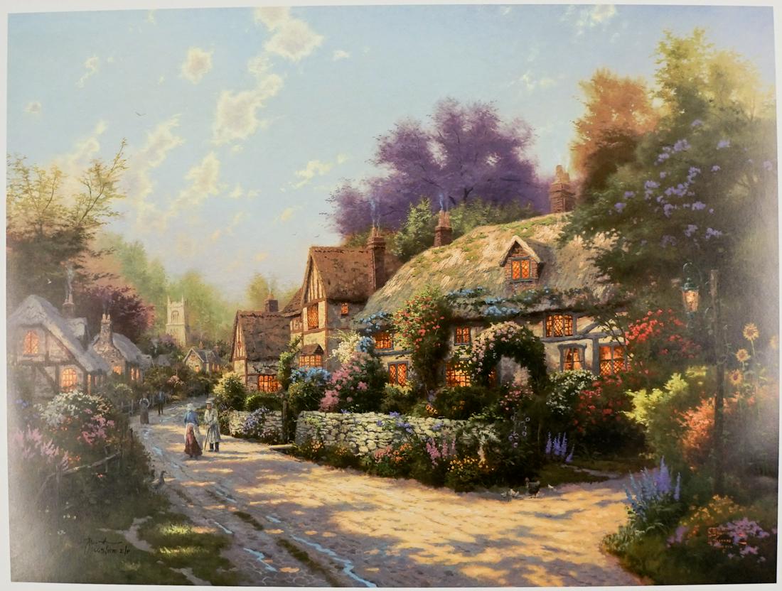Thomas Kinkade Lithograph #665/1170 Signed: Thomas Kinkade (California, 1958-2012) 'Cobblestone Village' lithograph. Ink signed lower left inside plate and numbered '665/1170 I/P' below signature. Image measures 18 in. x 24 in. and sheet measur