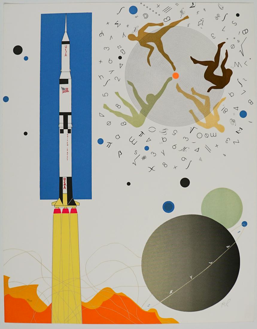 Raymond Loewy Print #24/300 Signed [Rocket]: Raymond Loewy (American, 1893-1986) color screen print pencil signed 'RL' lower right and numbered '24/300' lower left. Sheet measures 28 in. x 22 in. Unframed, loose and not glued or mounted. If lot 