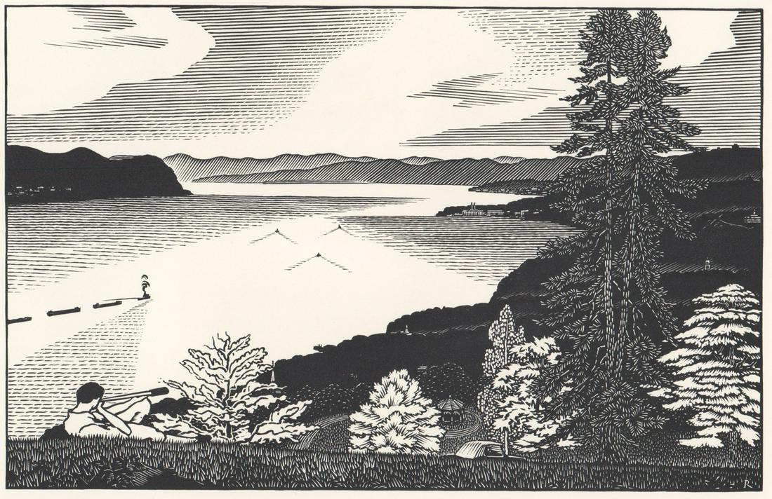 Rudolph Ruzicka Woodblock Print [AAA, Summer Day]: Rudolph Ruzicka woodblock print. Titled 'A Summer Day' on verso. Image measures 4.875 in. x 5.875 in. and sheet measures 13 in. x 18 in. Comes with a 14 in. x 19 in. gallery folio. Provenance: Amity A