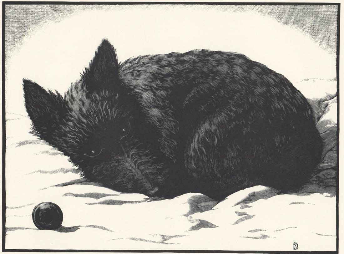 Leo John Meissner Woodcut [AAA, Scottie Dog]: Leo John Meissner (Maine, New York Michigan 1895 - 1977) woodcut. Copyright, dated (1937) and artist's monogram in plate lower right. Work titled 'Watchful Waiting.' Print measures 7.875-in. x 10.625-