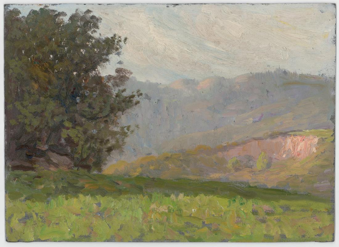 Frederick B. Kress Oil on Board [Tree, Meadow]: Frederick B. Kress (American, California, b. 1888-1970) oil on board. Measures 11.75 in. x 16.25 in. Estate stamp on verso. Provenance: Formerly the estate of artist and then by descent through family