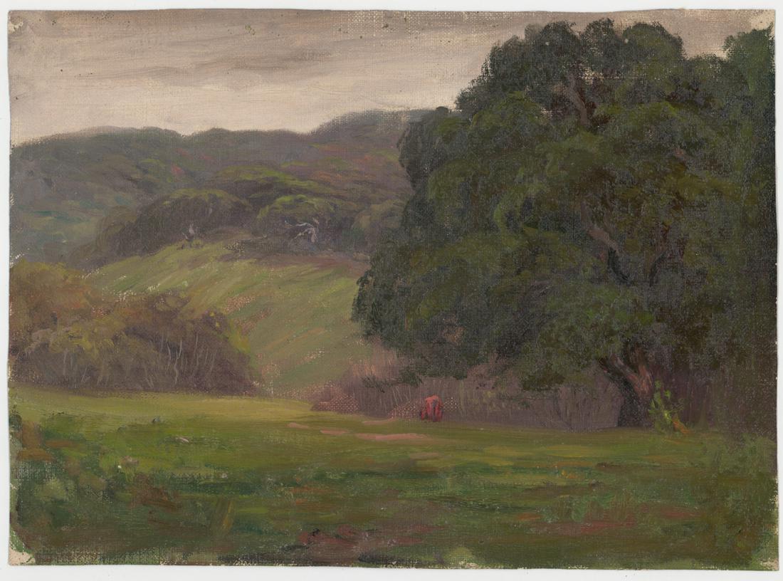 Frederick B. Kress Oil on Cloth [Meadow, Trees]: Frederick B. Kress (American, California, b. 1888-1970) oil on cloth. Measures 11.675 in. x 16 in. Estate stamp on verso. Provenance: Formerly the estate of artist and then by descent through family. 