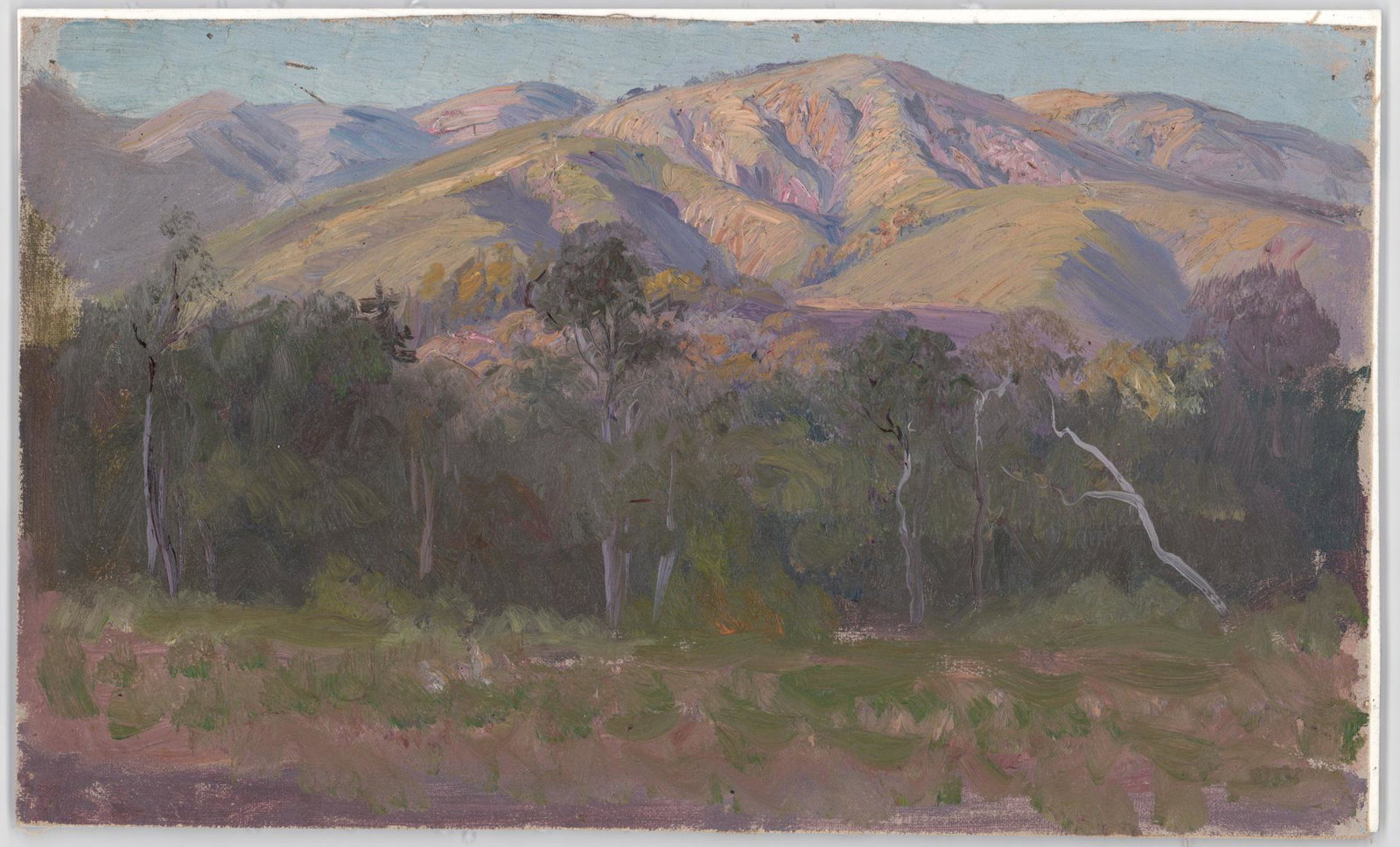 Frederick B. Kress Oil [Golden Hills]: Frederick B. Kress (American, California, b. 1888-1970) oil on cloth mounted to foam board. Measures 9.675 in. x 15.5 in. Gallery card on verso. Provenance: Formerly the estate of artist and then by d