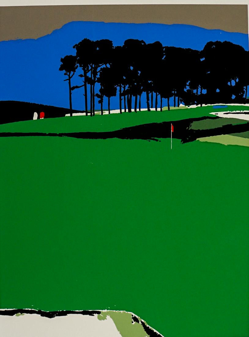 Robert Cunningham Serigraph Signed [Golf]: Robert Cunningham (American, 1924-2010) serigraph pencil signed. Signed 'Cunningham' lower right; numbered 'H/C' lower left; and titled 'Golf' lower center. Image measures 20 in. x 15 in. and sheet me