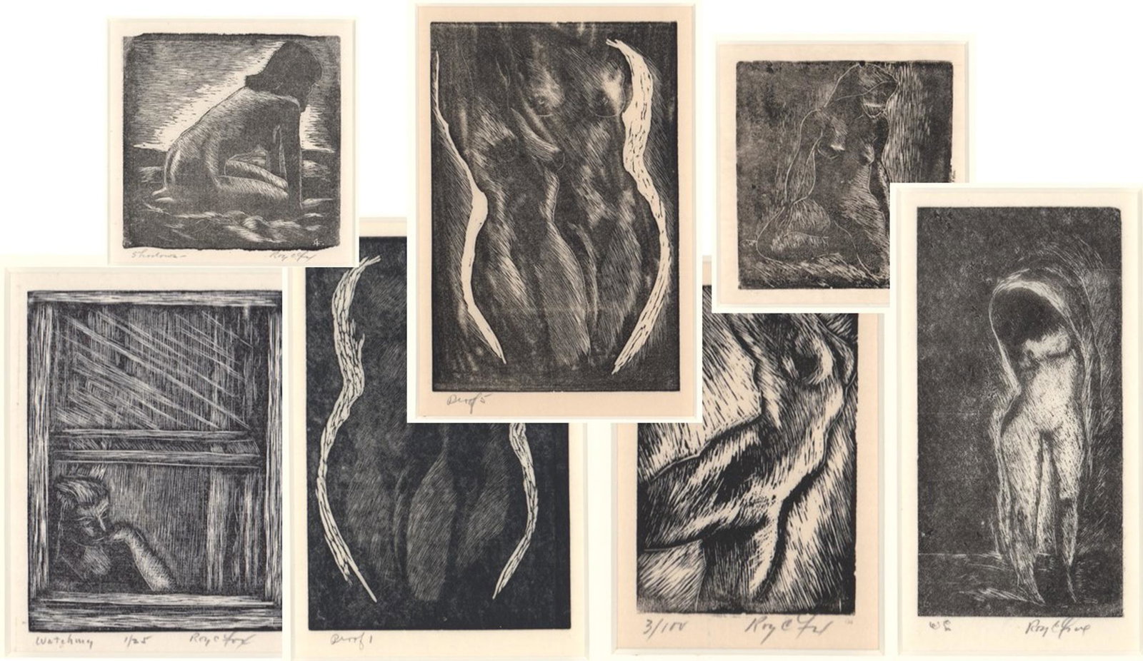 Roy C. Fox (7) Wood Engravings: Roy C. Fox (New York 1908-1993) archive of wood engravings (7). Four are pencil signed. Image sizes vary and all are in a 14 in. x 11 in. matted frame. Provenance: Amity Art Foundation, Inc. collectio