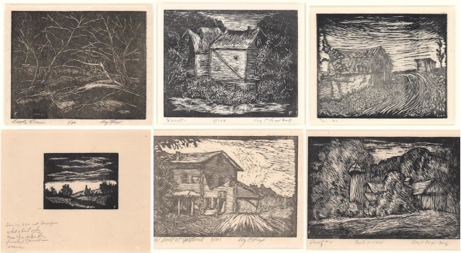 Roy C. Fox (6) Wood Engravings: Roy C. Fox (New York 1908-1993) archive of wood engravings (6). Four are pencil signed. Image sizes vary and all are in a 14 in. x 11 in. matted frame. Provenance: Amity Art Foundation, Inc. collectio